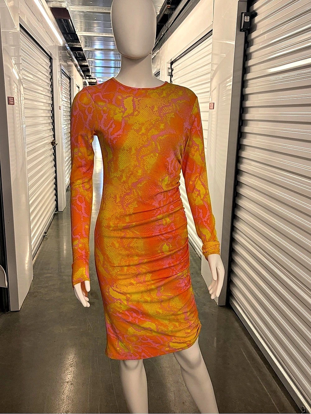NAKED WARDROBE MULTICOLOR LONG SLEEVE RUCHED MIDI DRESS